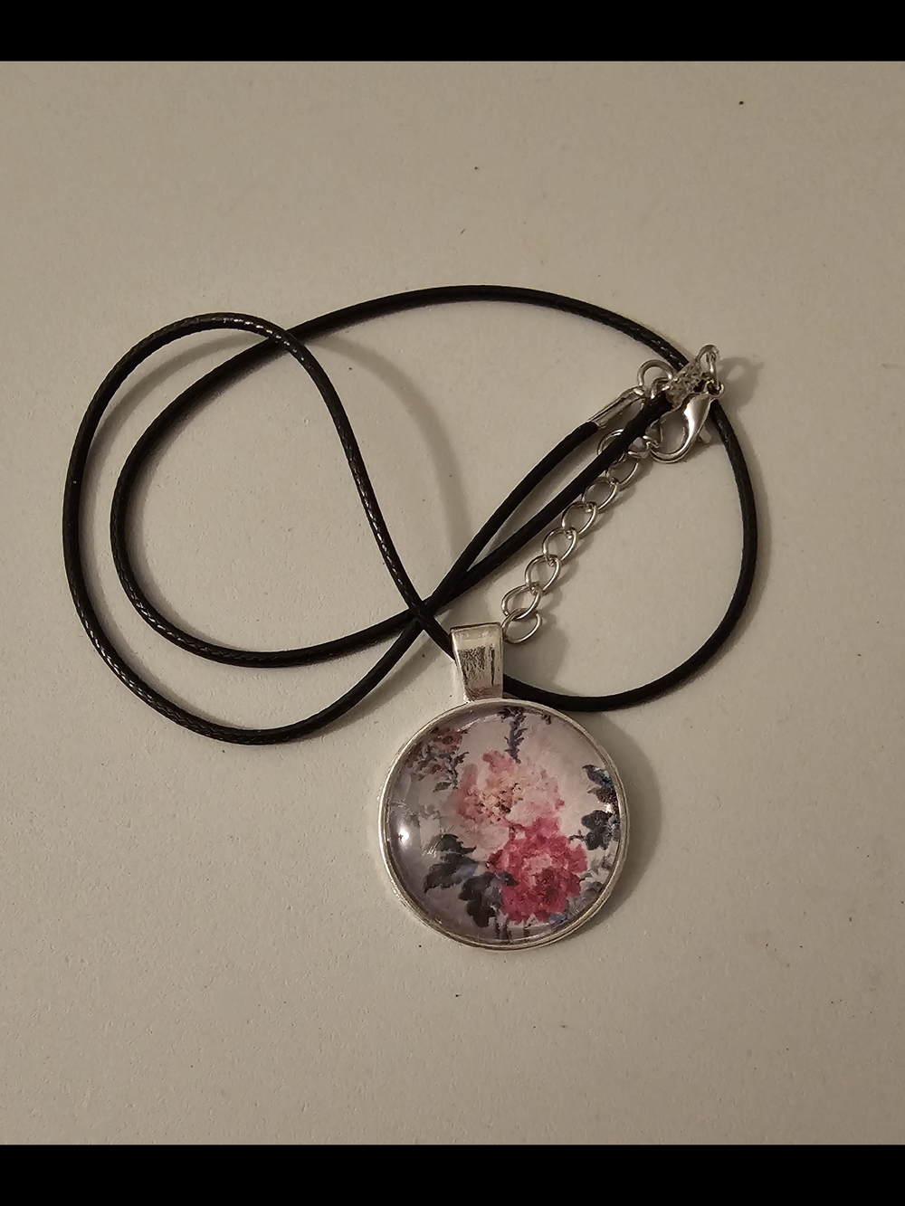 Floral Glass Pendant Necklace in Pink and Black
